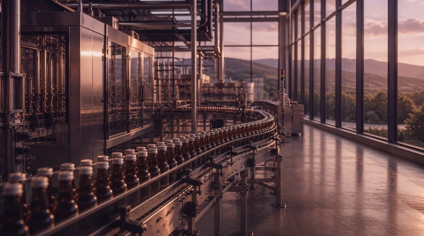 Linha de envase em uma planta industrial ao entardecer