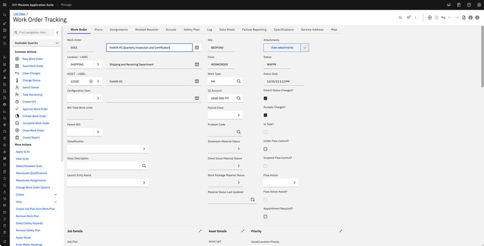 Tela nativa Work Order Tracking do IBM Maximo aberta na ordem de serviço 5015