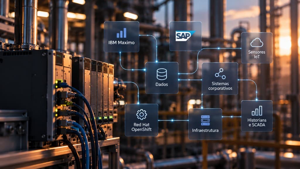 Planta industrial com os sistemas conectados, do IBM Maximo aos sensores e à infraestrutura