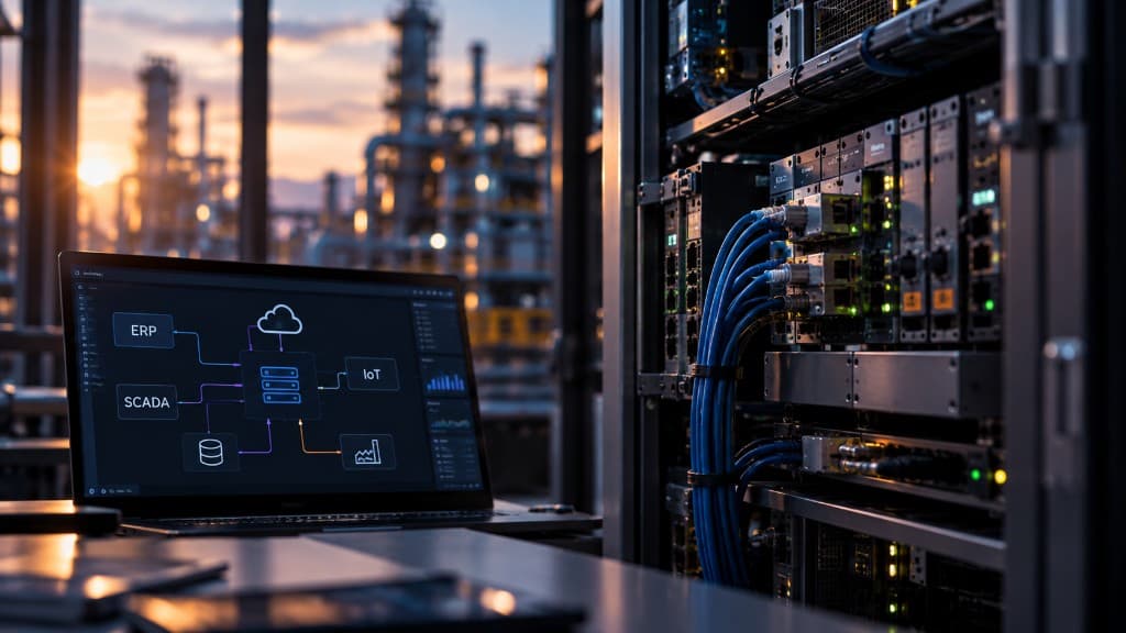 Racks de servidores ao lado de um notebook com o diagrama de ERP, SCADA e IoT