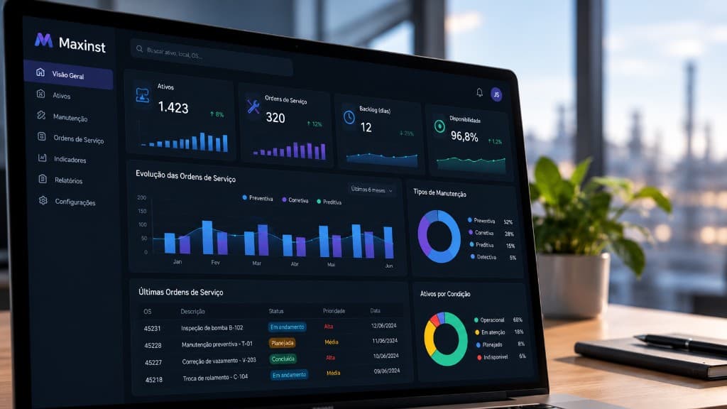 Notebook com o painel Maxinst de ativos, ordens de serviço e manutenção